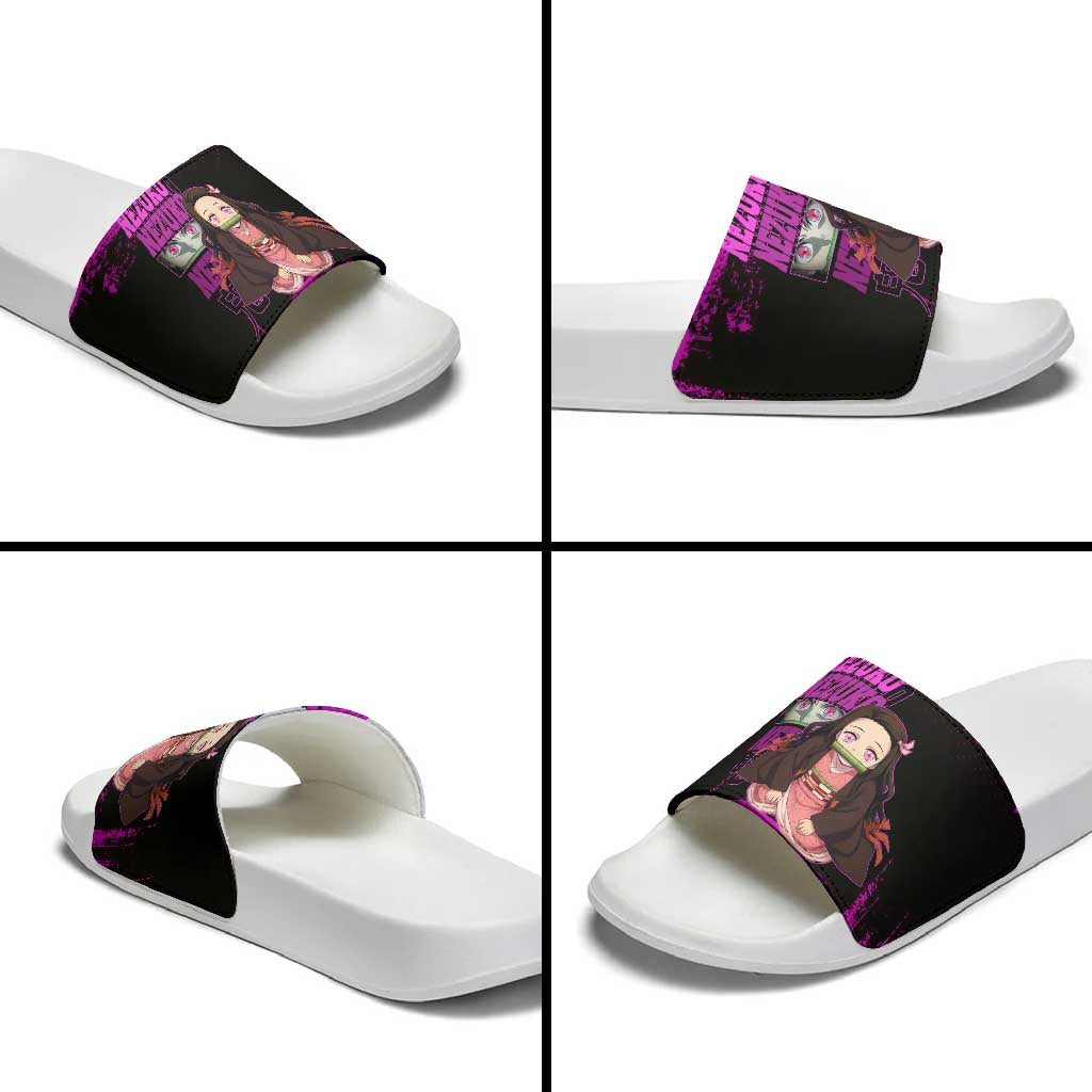 Nezuko Kamado Demon Slayer Pink Grunge Design Slide Sandals with Fierce Eyes and Cute Sitting Pose - The Mazicc