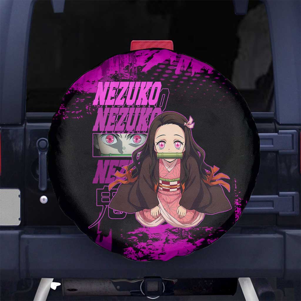 Nezuko Kamado Demon Slayer Pink Grunge Design Spare Tire Cover with Fierce Eyes and Cute Sitting Pose - The Mazicc