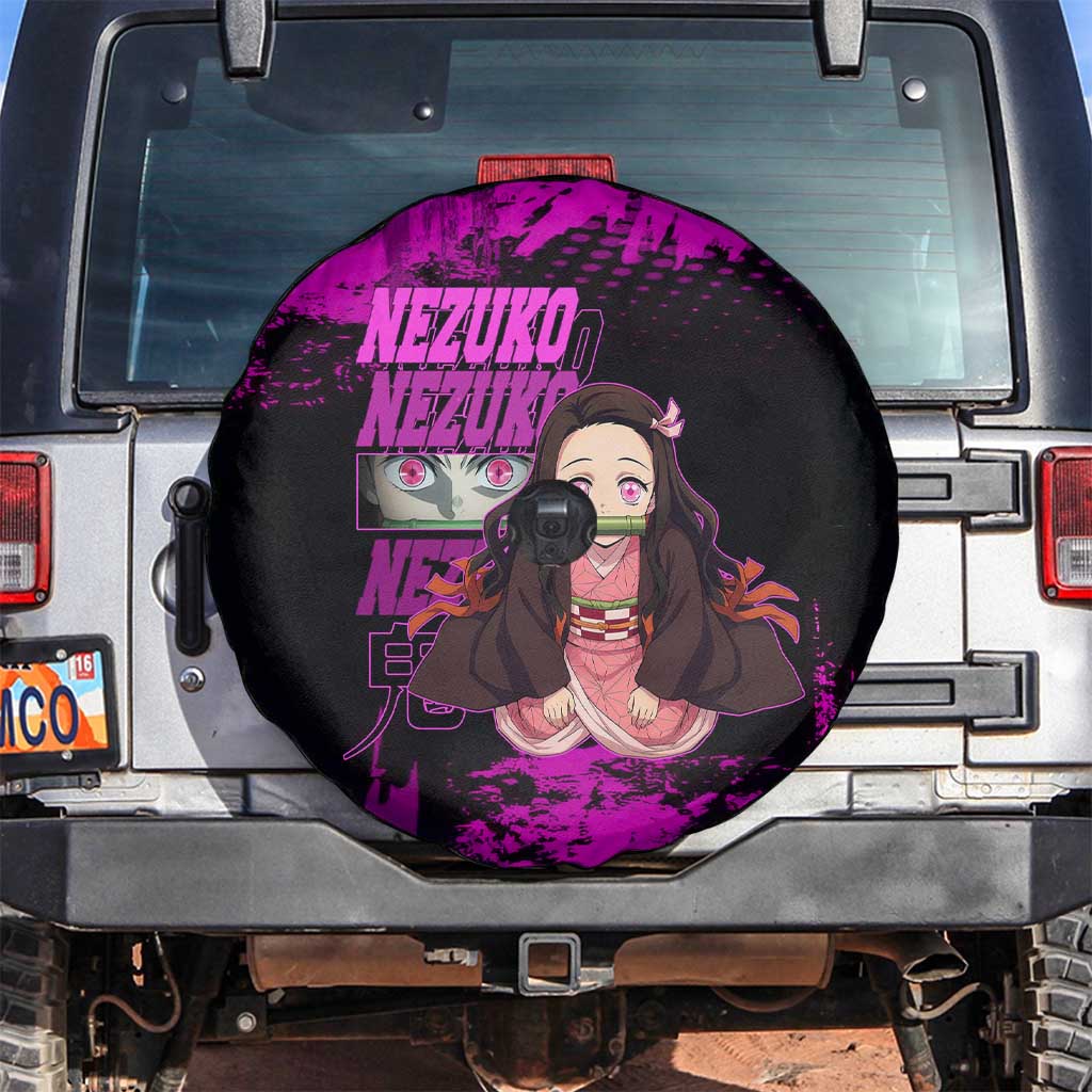 Nezuko Kamado Demon Slayer Pink Grunge Design Spare Tire Cover with Fierce Eyes and Cute Sitting Pose - The Mazicc