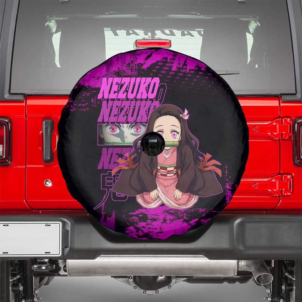Nezuko Kamado Demon Slayer Pink Grunge Design Spare Tire Cover with Fierce Eyes and Cute Sitting Pose - The Mazicc