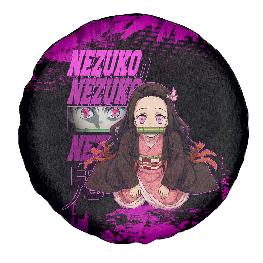 Nezuko Kamado Demon Slayer Pink Grunge Design Spare Tire Cover with Fierce Eyes and Cute Sitting Pose - The Mazicc