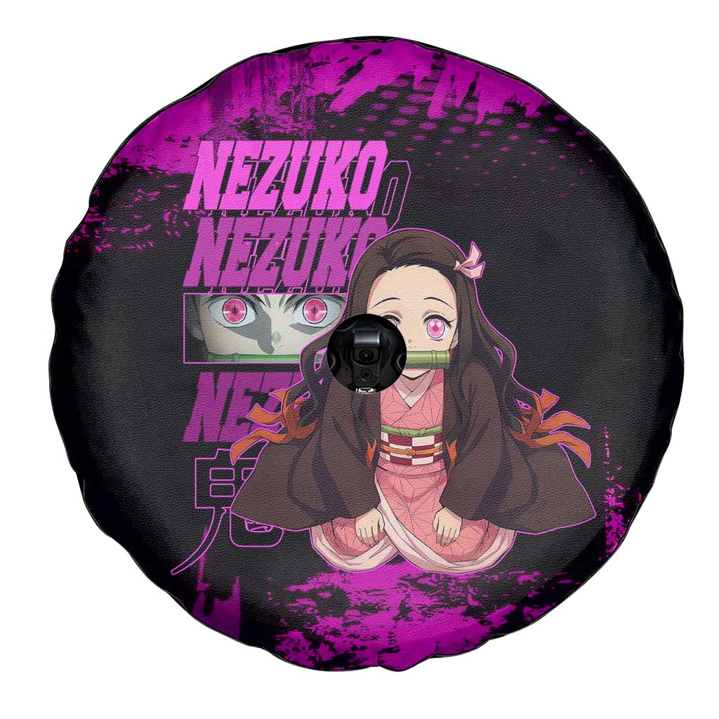 Nezuko Kamado Demon Slayer Pink Grunge Design Spare Tire Cover with Fierce Eyes and Cute Sitting Pose - The Mazicc