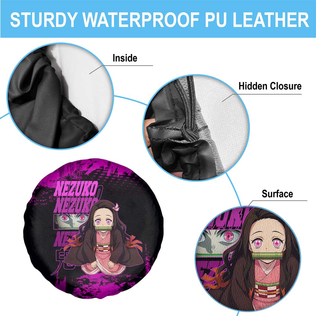 Nezuko Kamado Demon Slayer Pink Grunge Design Spare Tire Cover with Fierce Eyes and Cute Sitting Pose - The Mazicc