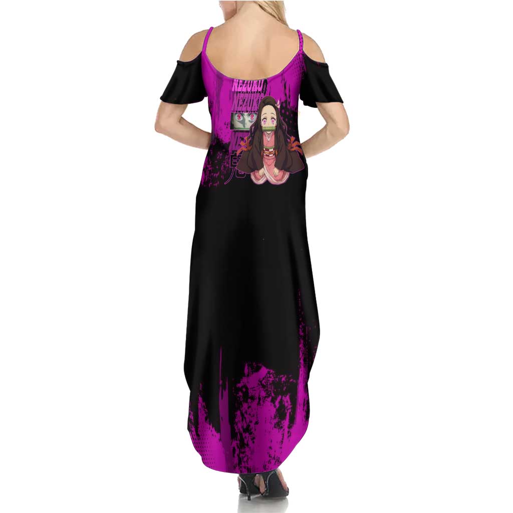 Nezuko Kamado Demon Slayer Pink Grunge Design Summer Maxi Dress with Fierce Eyes and Cute Sitting Pose - The Mazicc