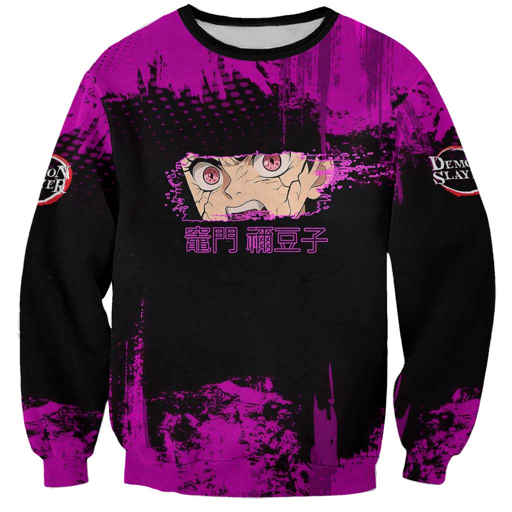 Nezuko Kamado Demon Slayer Pink Grunge Design Sweatshirt with Fierce Eyes and Cute Sitting Pose - The Mazicc