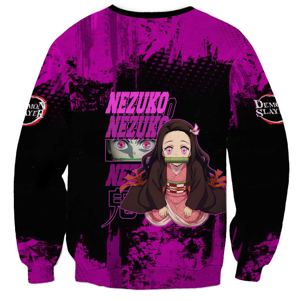 Nezuko Kamado Demon Slayer Pink Grunge Design Sweatshirt with Fierce Eyes and Cute Sitting Pose - The Mazicc