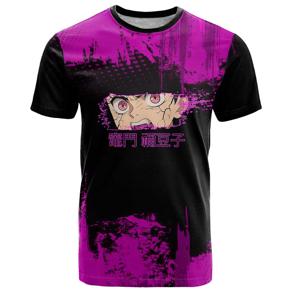 Nezuko Kamado Demon Slayer Pink Grunge Design T Shirt with Fierce Eyes and Cute Sitting Pose - The Mazicc