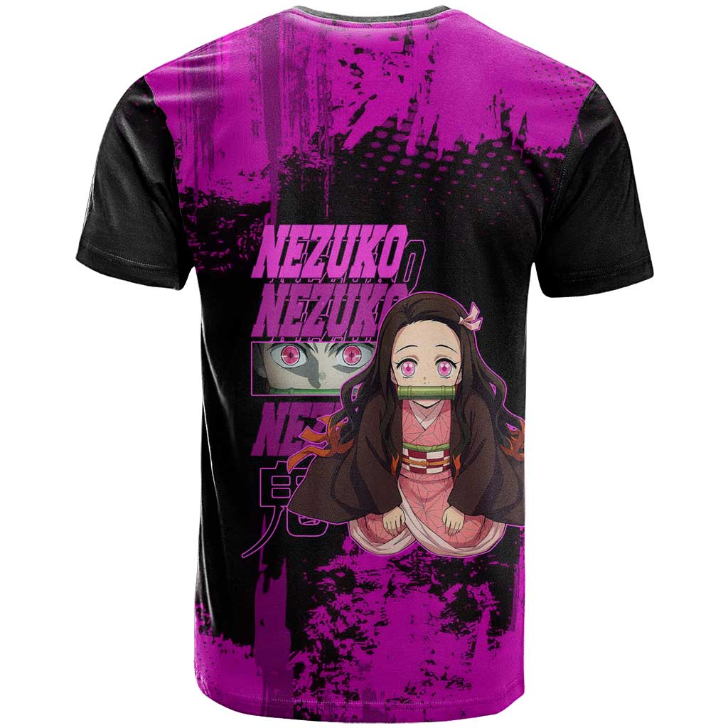 Nezuko Kamado Demon Slayer Pink Grunge Design T Shirt with Fierce Eyes and Cute Sitting Pose - The Mazicc
