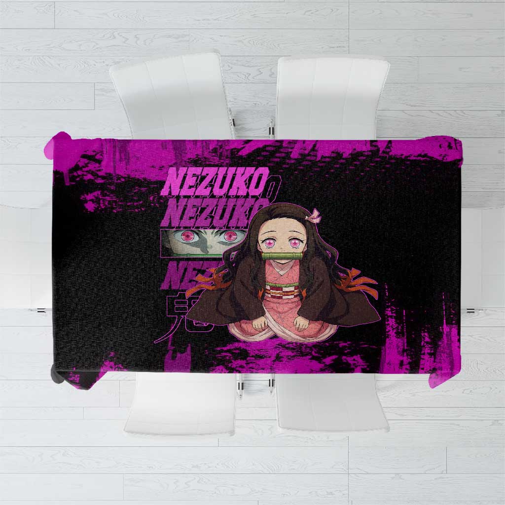 Nezuko Kamado Demon Slayer Pink Grunge Design Tablecloth with Fierce Eyes and Cute Sitting Pose - The Mazicc