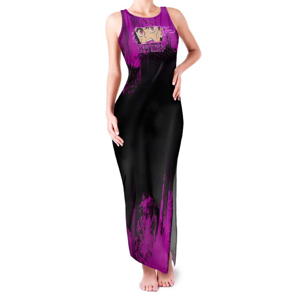 Nezuko Kamado Demon Slayer Pink Grunge Design Tank Maxi Dress with Fierce Eyes and Cute Sitting Pose - The Mazicc