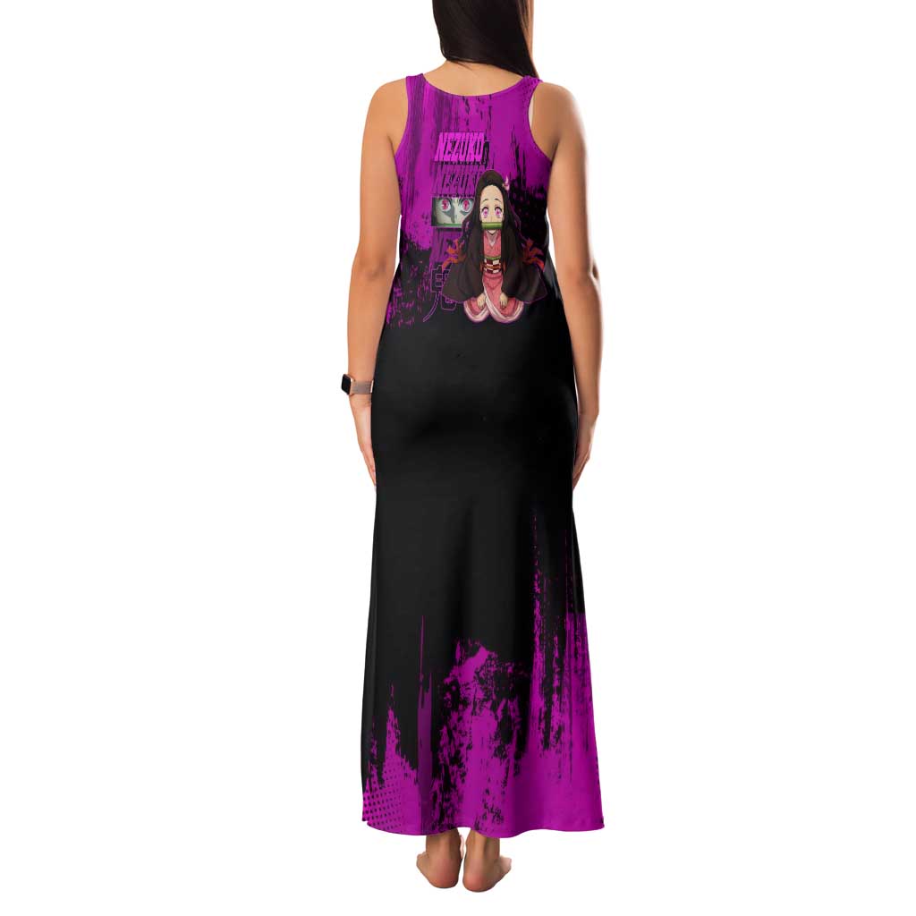 Nezuko Kamado Demon Slayer Pink Grunge Design Tank Maxi Dress with Fierce Eyes and Cute Sitting Pose - The Mazicc