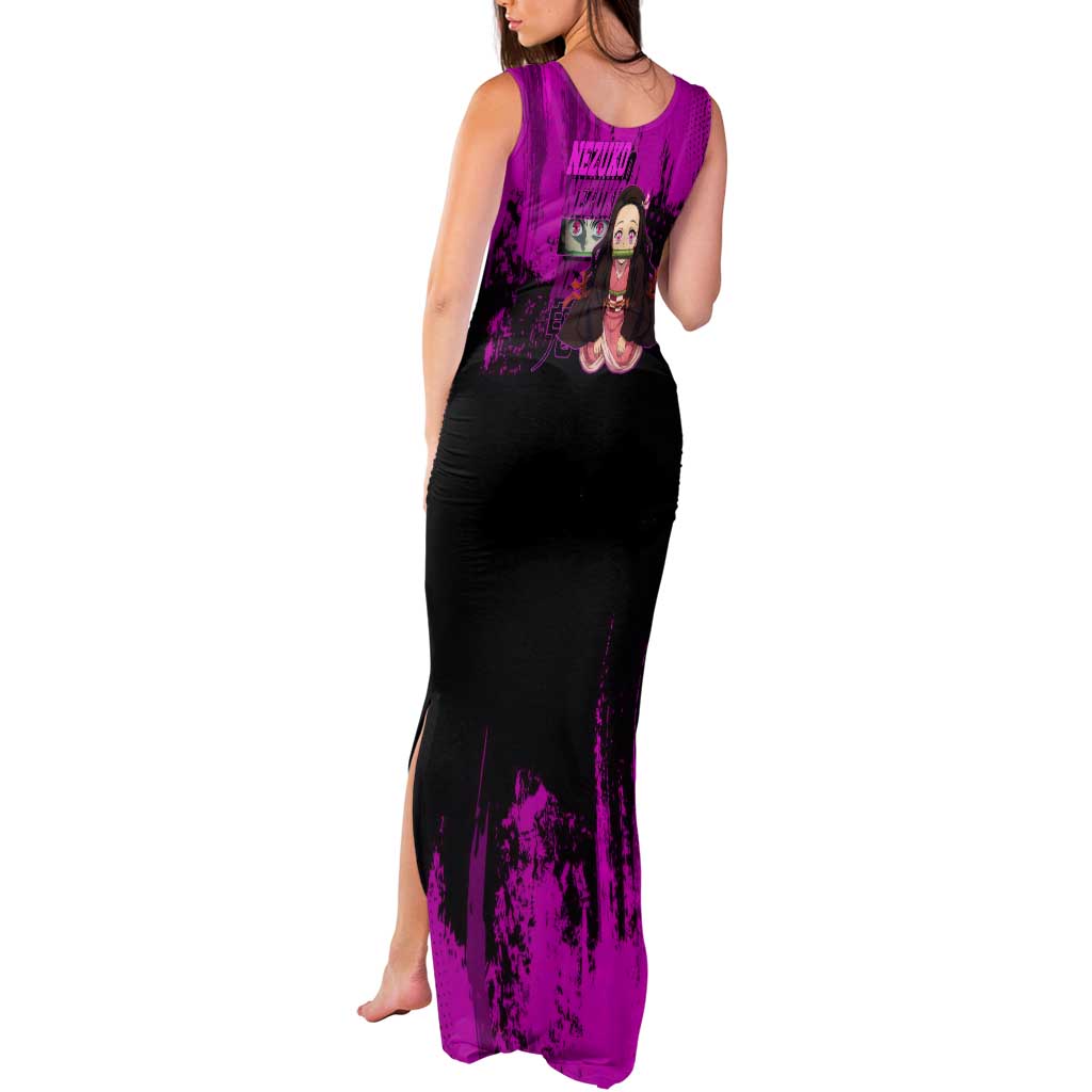 Nezuko Kamado Demon Slayer Pink Grunge Design Tank Maxi Dress with Fierce Eyes and Cute Sitting Pose - The Mazicc