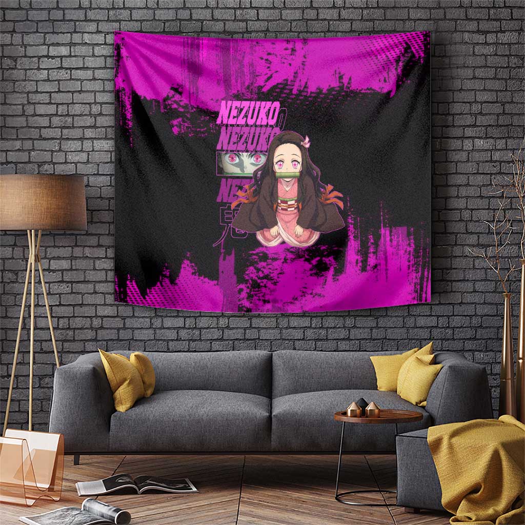 Nezuko Kamado Demon Slayer Pink Grunge Design Tapestry with Fierce Eyes and Cute Sitting Pose - The Mazicc