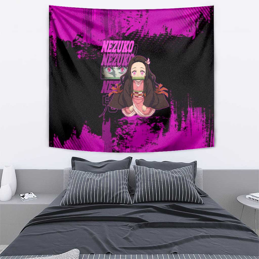 Nezuko Kamado Demon Slayer Pink Grunge Design Tapestry with Fierce Eyes and Cute Sitting Pose - The Mazicc