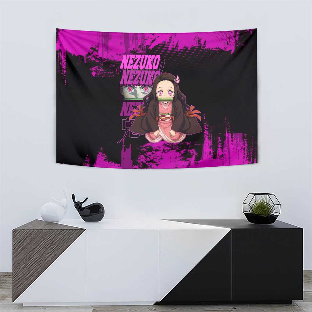 Nezuko Kamado Demon Slayer Pink Grunge Design Tapestry with Fierce Eyes and Cute Sitting Pose - The Mazicc
