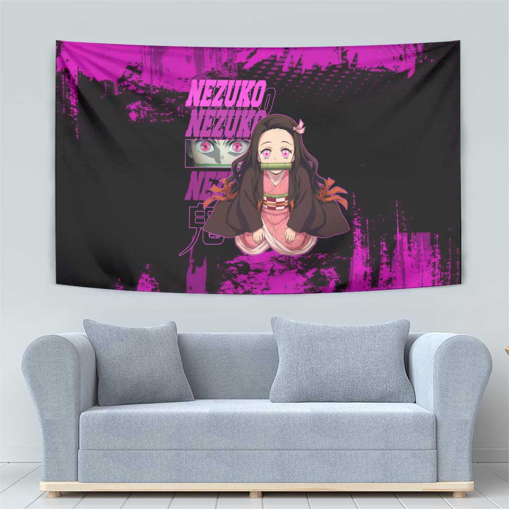 Nezuko Kamado Demon Slayer Pink Grunge Design Tapestry with Fierce Eyes and Cute Sitting Pose - The Mazicc