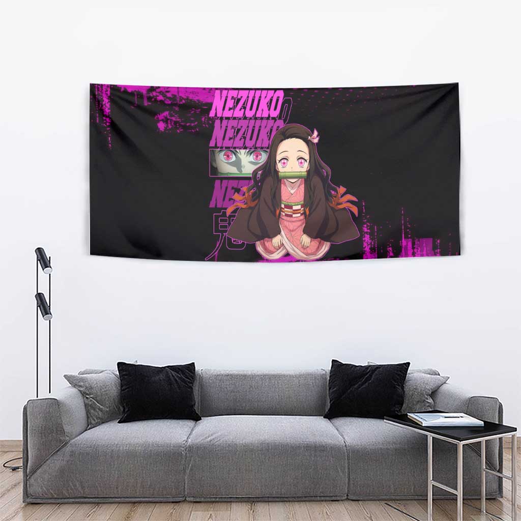 Nezuko Kamado Demon Slayer Pink Grunge Design Tapestry with Fierce Eyes and Cute Sitting Pose - The Mazicc