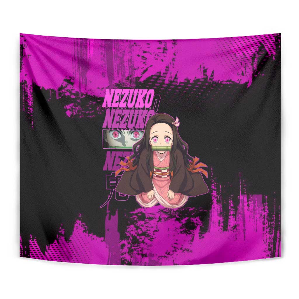 Nezuko Kamado Demon Slayer Pink Grunge Design Tapestry with Fierce Eyes and Cute Sitting Pose - The Mazicc