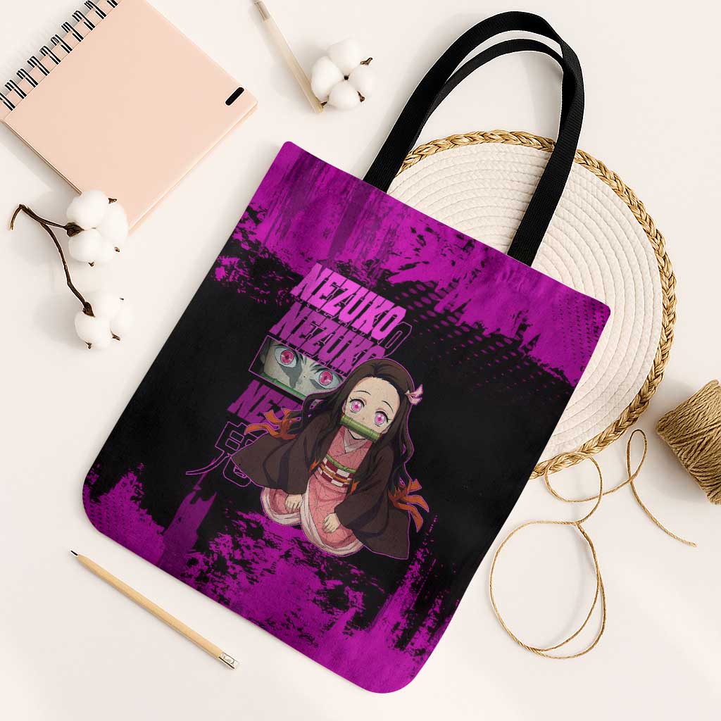 Nezuko Kamado Demon Slayer Pink Grunge Design Tote Bag with Fierce Eyes and Cute Sitting Pose - The Mazicc