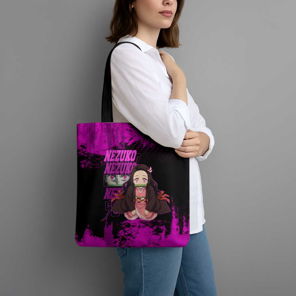 Nezuko Kamado Demon Slayer Pink Grunge Design Tote Bag with Fierce Eyes and Cute Sitting Pose - The Mazicc