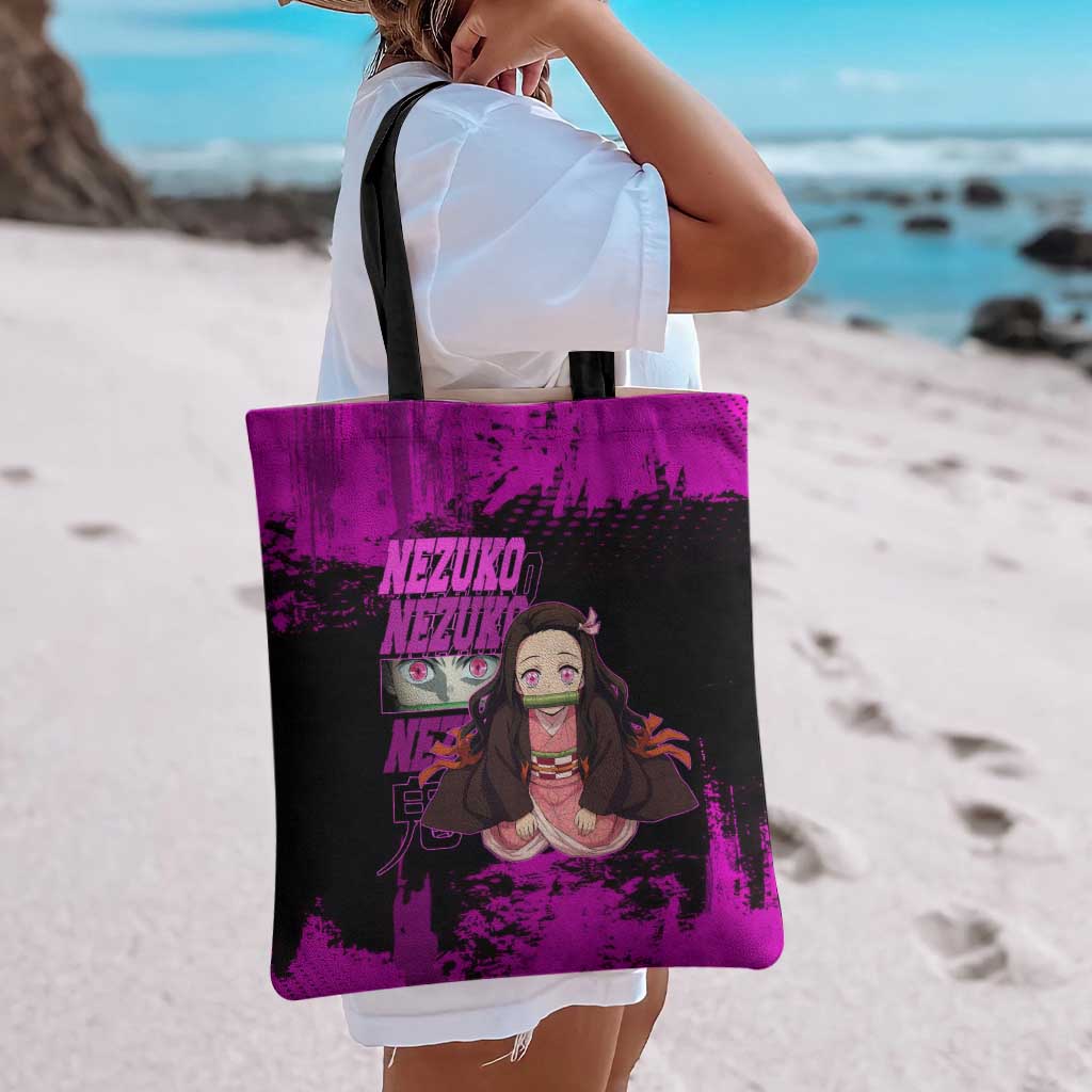 Nezuko Kamado Demon Slayer Pink Grunge Design Tote Bag with Fierce Eyes and Cute Sitting Pose - The Mazicc