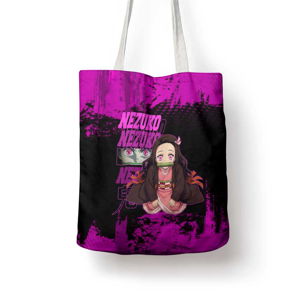 Nezuko Kamado Demon Slayer Pink Grunge Design Tote Bag with Fierce Eyes and Cute Sitting Pose - The Mazicc