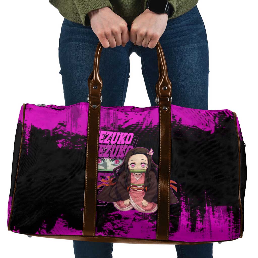 Nezuko Kamado Demon Slayer Pink Grunge Design Travel Bag with Fierce Eyes and Cute Sitting Pose - The Mazicc