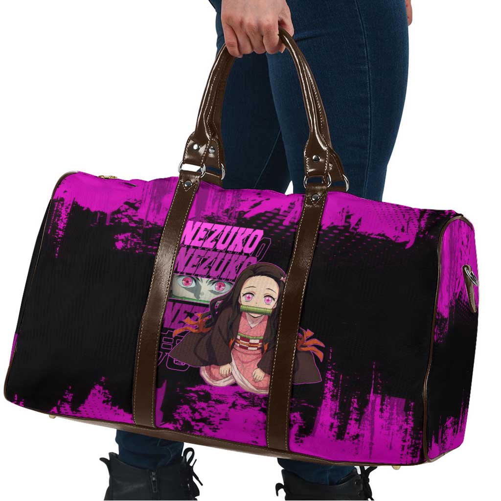 Nezuko Kamado Demon Slayer Pink Grunge Design Travel Bag with Fierce Eyes and Cute Sitting Pose - The Mazicc