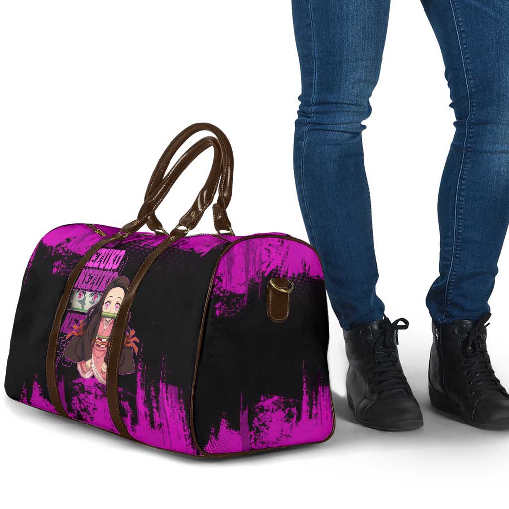 Nezuko Kamado Demon Slayer Pink Grunge Design Travel Bag with Fierce Eyes and Cute Sitting Pose - The Mazicc