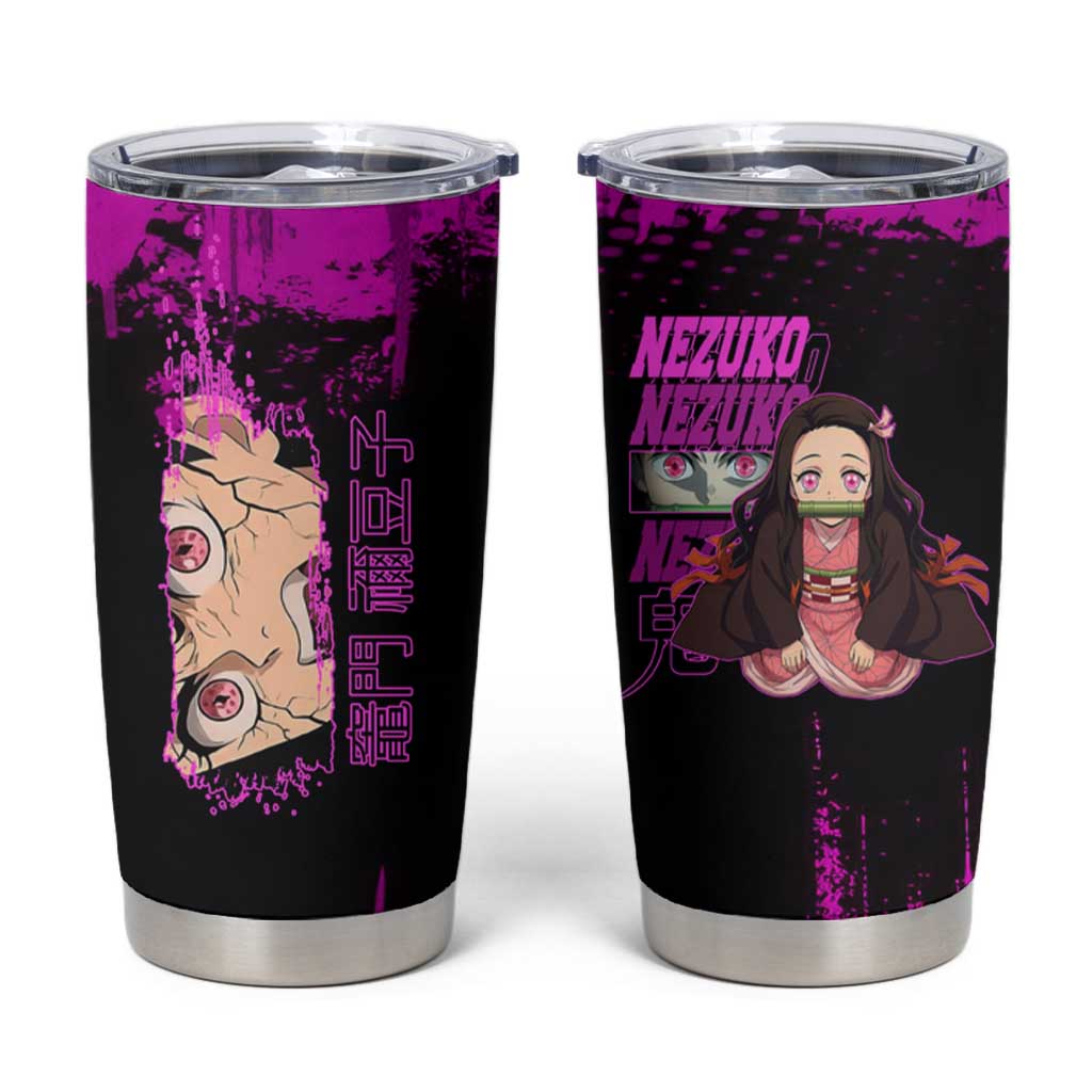 Nezuko Kamado Demon Slayer Pink Grunge Design Tumbler Cup with Fierce Eyes and Cute Sitting Pose - The Mazicc