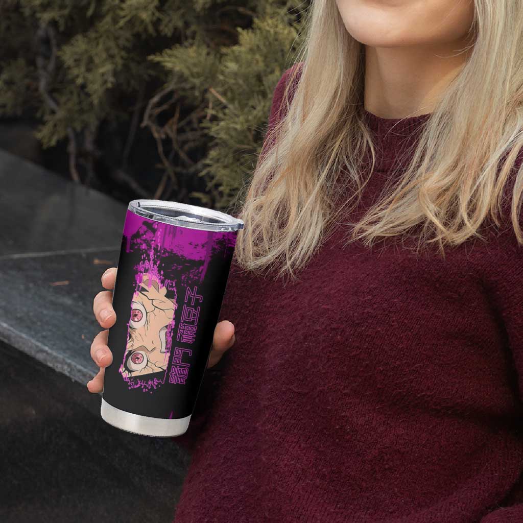 Nezuko Kamado Demon Slayer Pink Grunge Design Tumbler Cup with Fierce Eyes and Cute Sitting Pose - The Mazicc