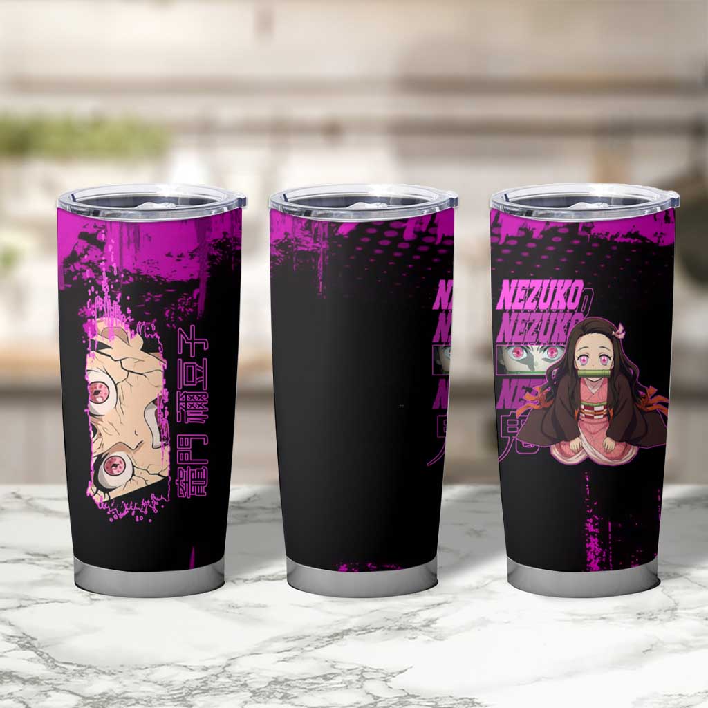 Nezuko Kamado Demon Slayer Pink Grunge Design Tumbler Cup with Fierce Eyes and Cute Sitting Pose - The Mazicc