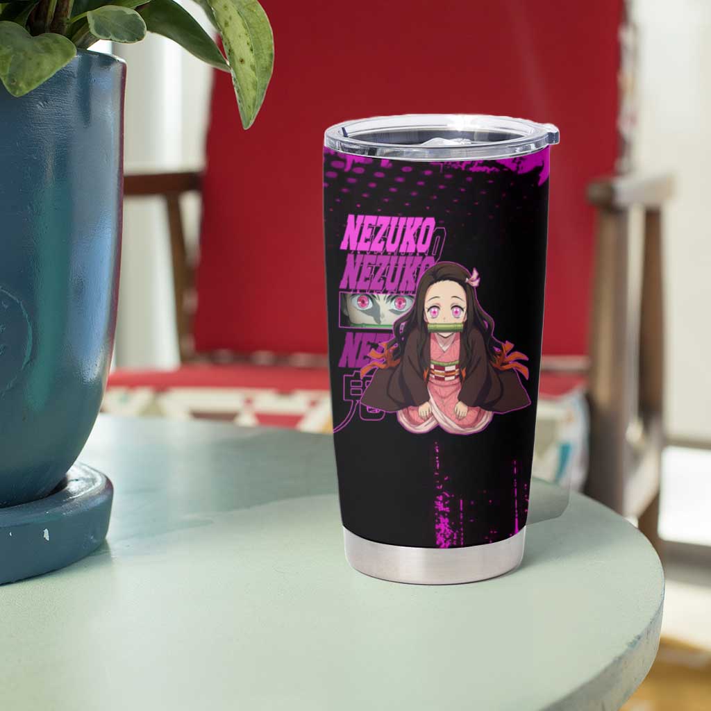 Nezuko Kamado Demon Slayer Pink Grunge Design Tumbler Cup with Fierce Eyes and Cute Sitting Pose - The Mazicc