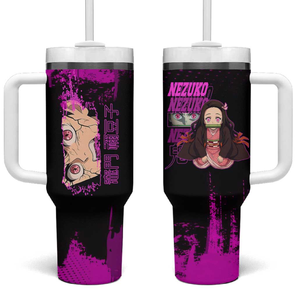 Nezuko Kamado Demon Slayer Pink Grunge Design Tumbler With Handle with Fierce Eyes and Cute Sitting Pose - The Mazicc