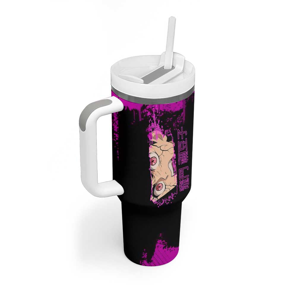 Nezuko Kamado Demon Slayer Pink Grunge Design Tumbler With Handle with Fierce Eyes and Cute Sitting Pose - The Mazicc