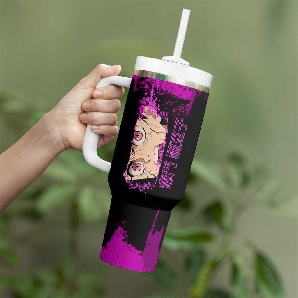 Nezuko Kamado Demon Slayer Pink Grunge Design Tumbler With Handle with Fierce Eyes and Cute Sitting Pose - The Mazicc