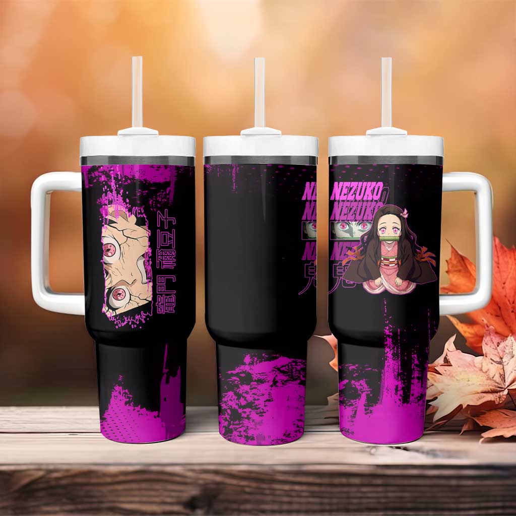 Nezuko Kamado Demon Slayer Pink Grunge Design Tumbler With Handle with Fierce Eyes and Cute Sitting Pose - The Mazicc