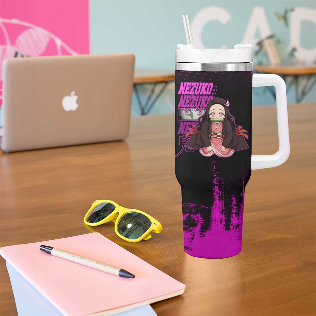 Nezuko Kamado Demon Slayer Pink Grunge Design Tumbler With Handle with Fierce Eyes and Cute Sitting Pose - The Mazicc