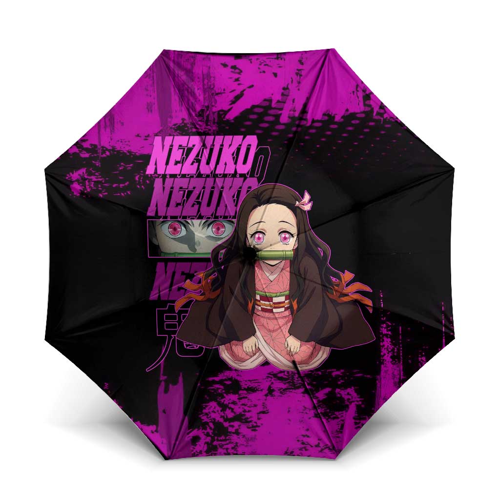 Nezuko Kamado Demon Slayer Pink Grunge Design Umbrella with Fierce Eyes and Cute Sitting Pose - The Mazicc