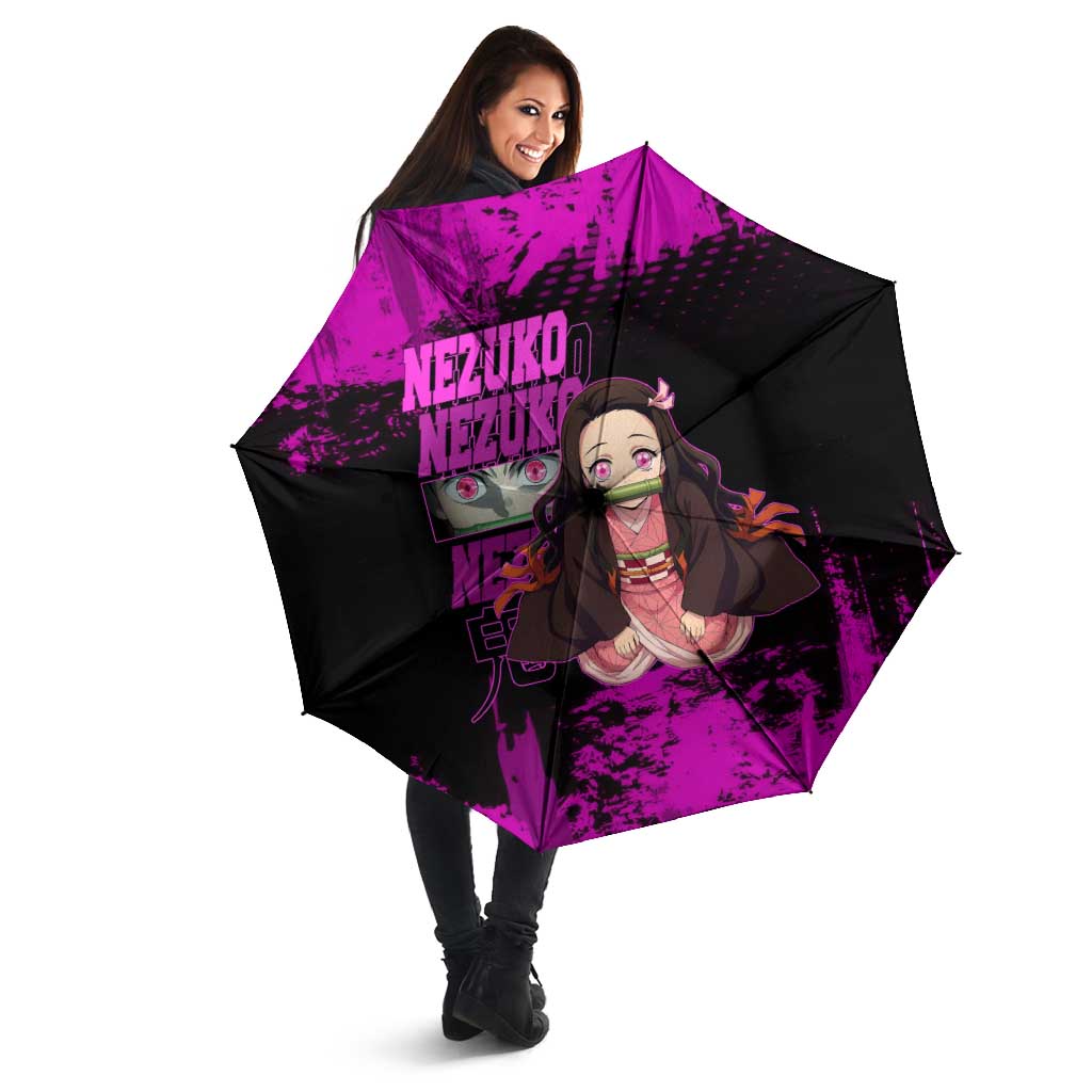 Nezuko Kamado Demon Slayer Pink Grunge Design Umbrella with Fierce Eyes and Cute Sitting Pose - The Mazicc