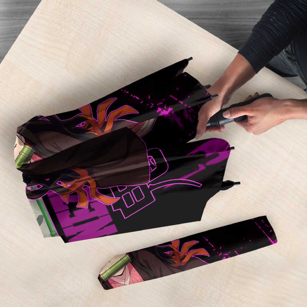 Nezuko Kamado Demon Slayer Pink Grunge Design Umbrella with Fierce Eyes and Cute Sitting Pose - The Mazicc
