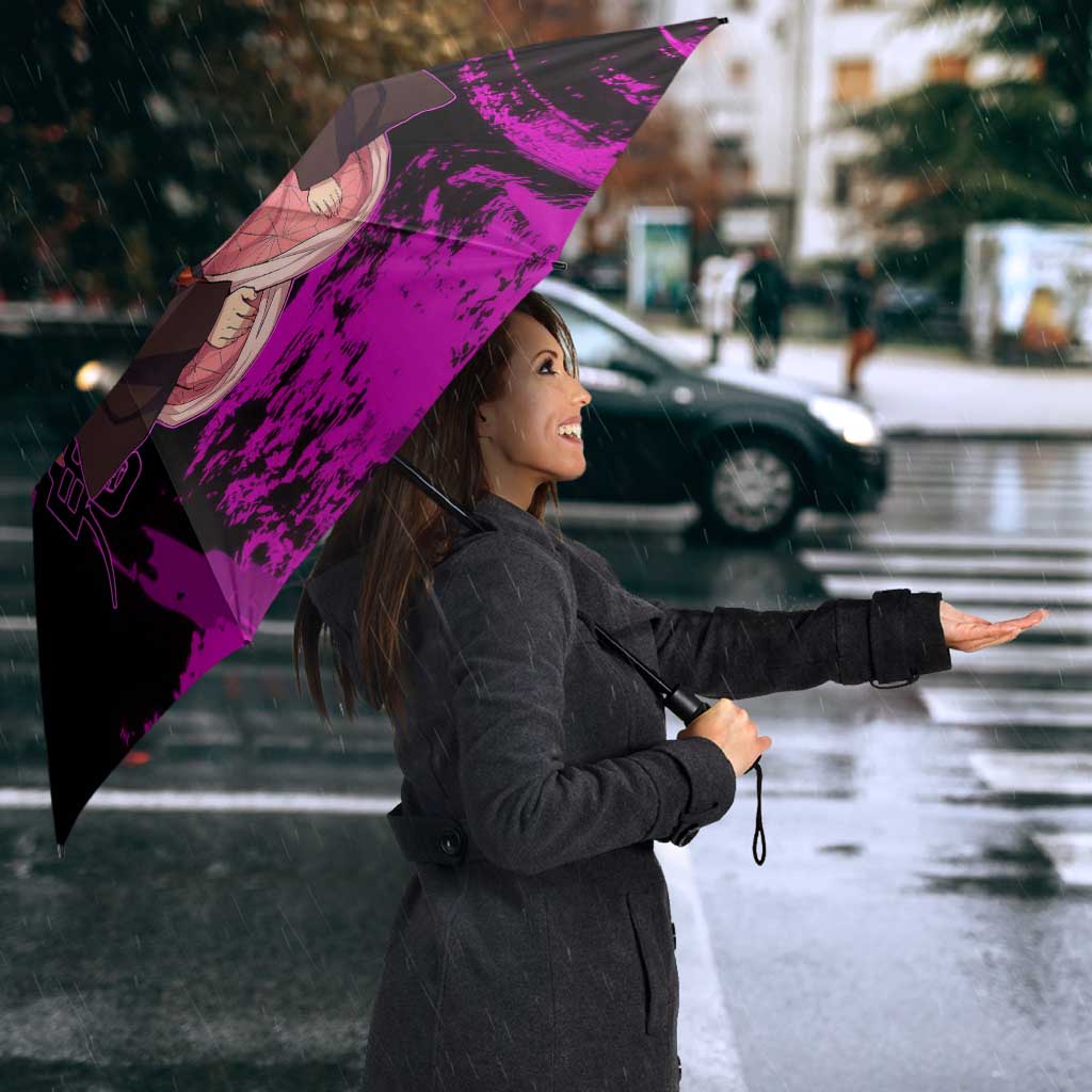 Nezuko Kamado Demon Slayer Pink Grunge Design Umbrella with Fierce Eyes and Cute Sitting Pose - The Mazicc