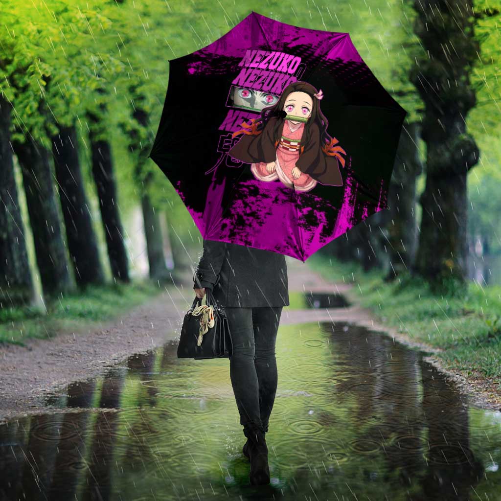 Nezuko Kamado Demon Slayer Pink Grunge Design Umbrella with Fierce Eyes and Cute Sitting Pose - The Mazicc