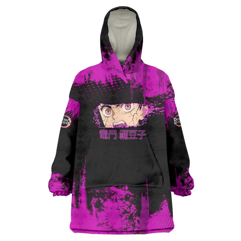 Nezuko Kamado Demon Slayer Pink Grunge Design Wearable Blanket Hoodie with Fierce Eyes and Cute Sitting Pose - The Mazicc
