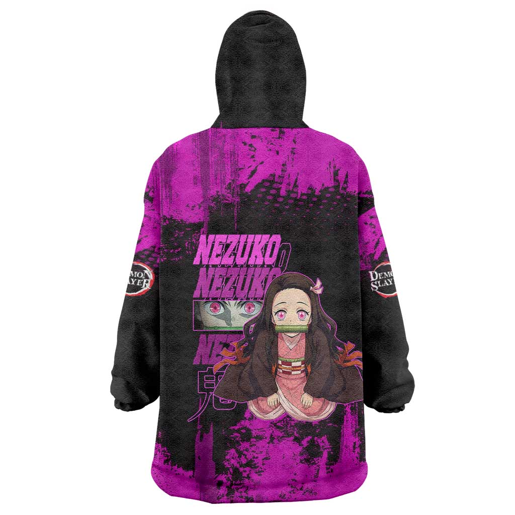 Nezuko Kamado Demon Slayer Pink Grunge Design Wearable Blanket Hoodie with Fierce Eyes and Cute Sitting Pose - The Mazicc