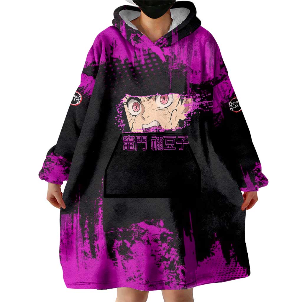 Nezuko Kamado Demon Slayer Pink Grunge Design Wearable Blanket Hoodie with Fierce Eyes and Cute Sitting Pose - The Mazicc