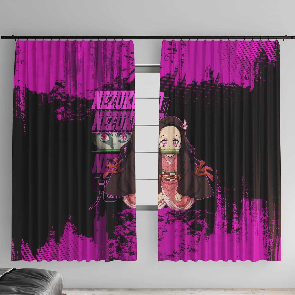 Nezuko Kamado Demon Slayer Pink Grunge Design Window Curtain with Fierce Eyes and Cute Sitting Pose - The Mazicc
