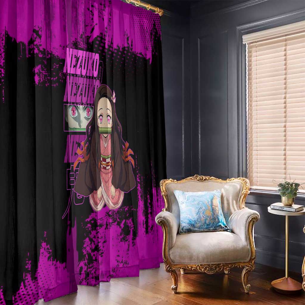 Nezuko Kamado Demon Slayer Pink Grunge Design Window Curtain with Fierce Eyes and Cute Sitting Pose - The Mazicc