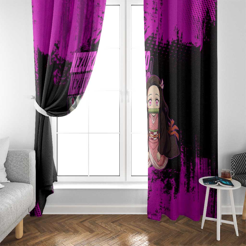 Nezuko Kamado Demon Slayer Pink Grunge Design Window Curtain with Fierce Eyes and Cute Sitting Pose - The Mazicc