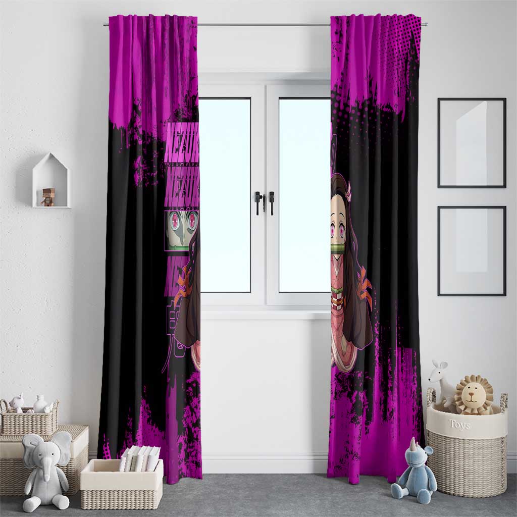 Nezuko Kamado Demon Slayer Pink Grunge Design Window Curtain with Fierce Eyes and Cute Sitting Pose - The Mazicc